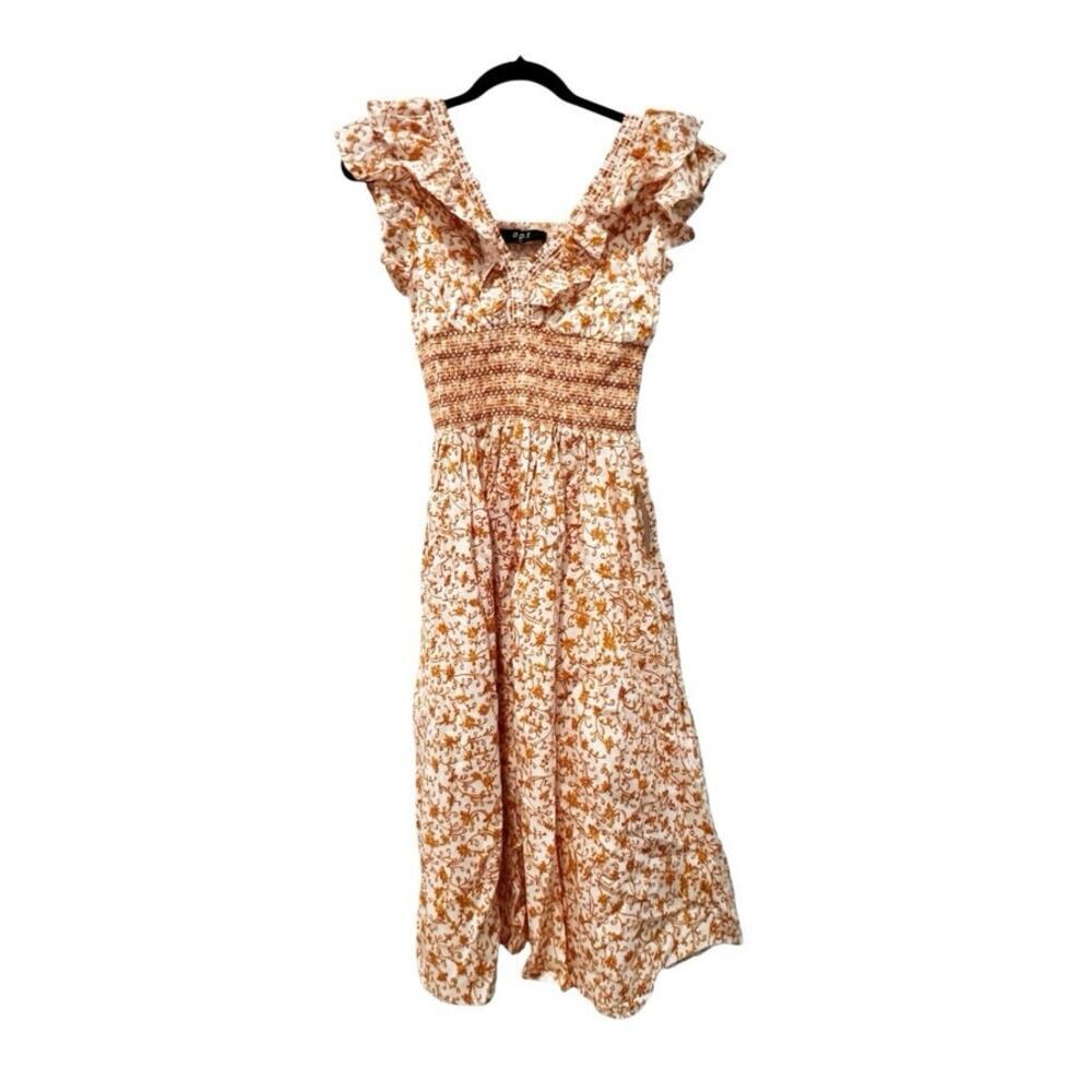 O.P.T Smocked Waist Ruffle Scilla Midi Dress Orange Floral Size Small NWOT - Picture 8 of 13